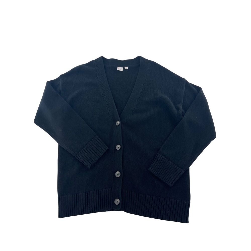 GAP Women Black 100% Cotton V-Neck Button Front Cardigan Sweater staple capsule